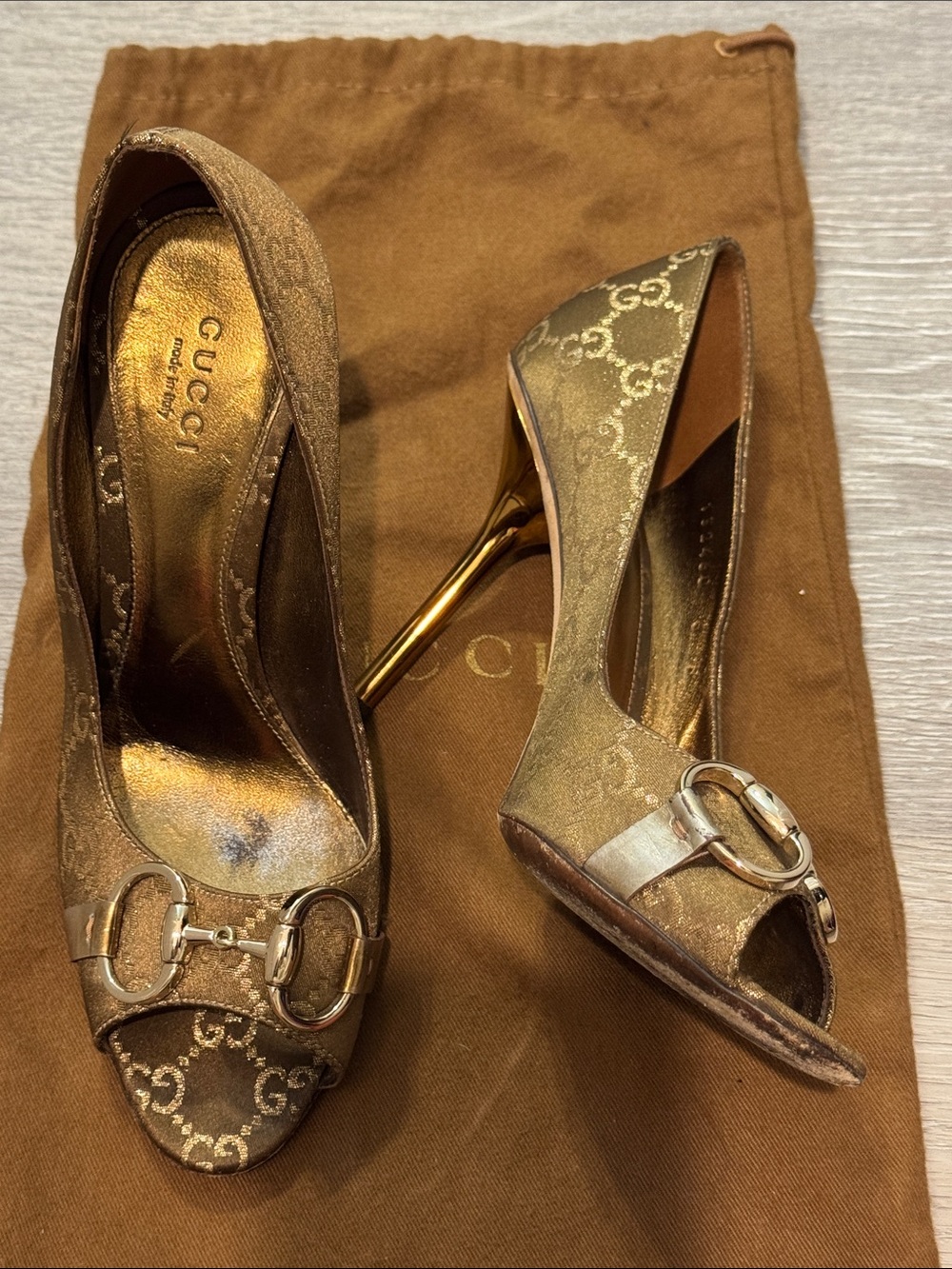 Gucci Metallic Brown Monogram Horsebit Heels
